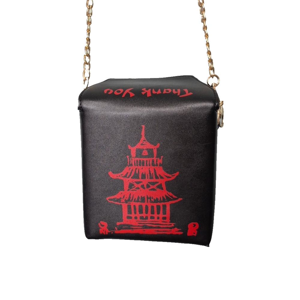 Chinese Takeout Box Handbag Purse Crossbody Black Faux Gold Chain C Charm